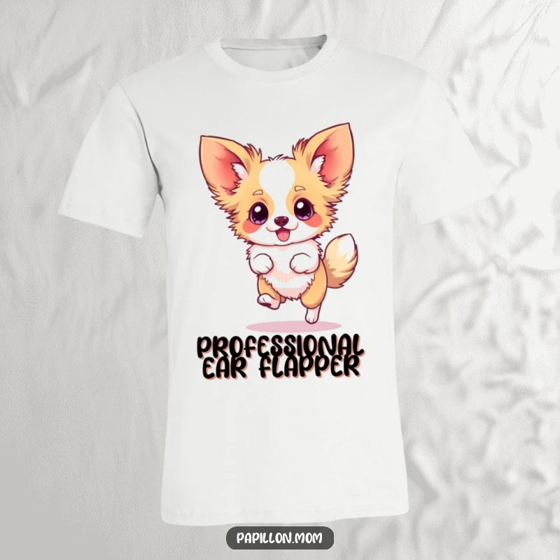Funny Papillon t-shirt featuring a dog doing a silly hop with blurred ears, highlighting its extreme excitement and agility.