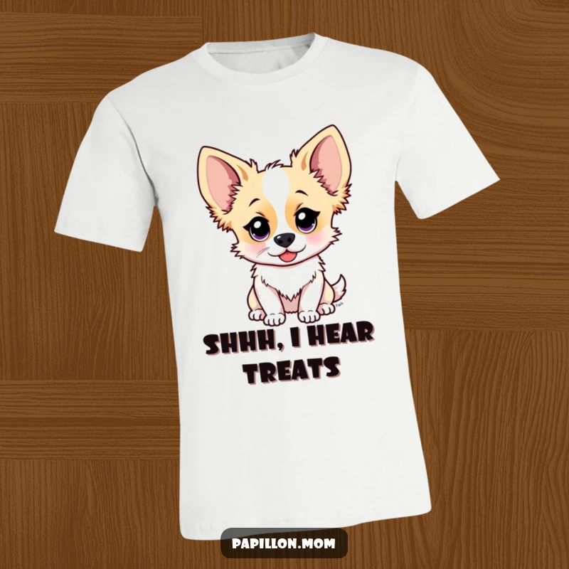 Funny Papillon dog t-shirt depicting a cute character whose ears are perked, intently listening, highlighting a playful and curious nature.