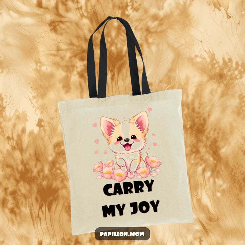 Funny Kawaii Papillon dog tote bag, showing a cute French butterfly dog fluttering with excitement amidst a swirl of soft, delicate petals.