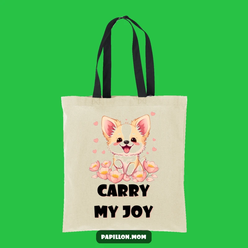 Funny Kawaii Papillon Dog Tote Bag, Excited Bichon Petal Carryall, Gift