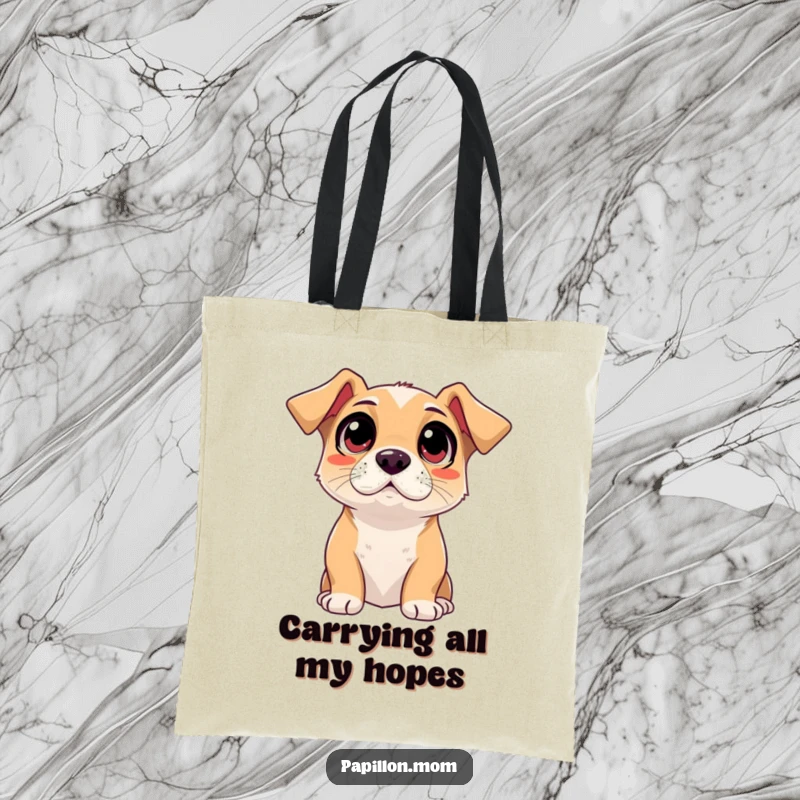 Funny adoring dog tote bag, featuring a dog with wide, innocent eyes looking up with pure adoration.