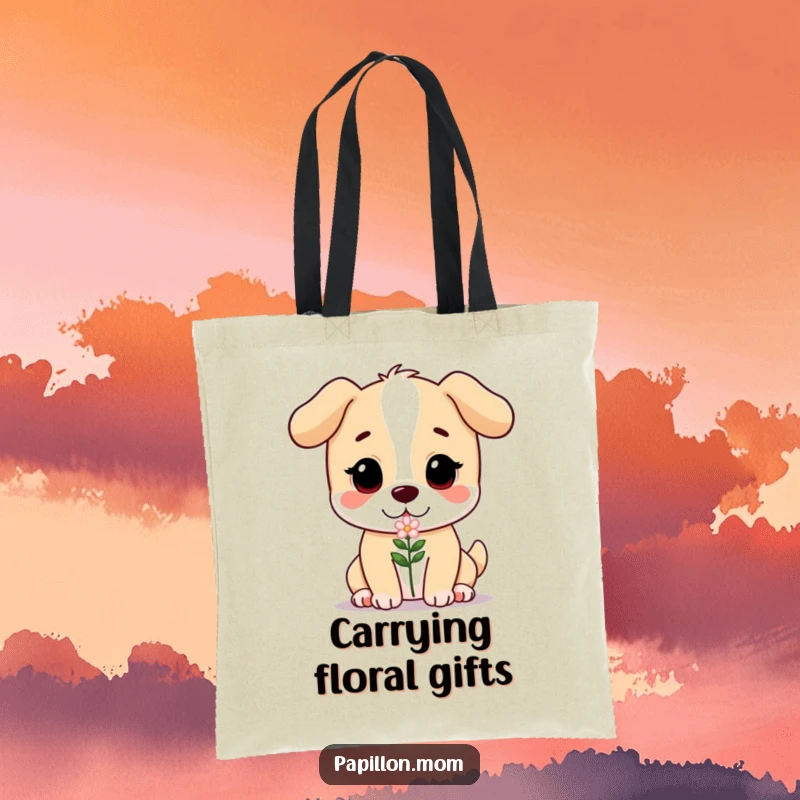 Funny tote bag depicting a sweet, gentle dog offering a small flower, perfect for carrying daily items with a dose of charm.