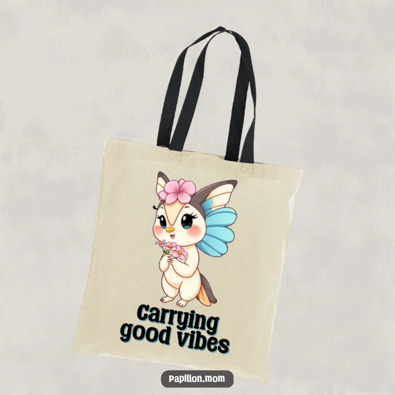 Funny Kawaii Papillon Lady tote bag showing a dog gracefully offering a small flower, perfect for carrying items with sweet, humorous charm.