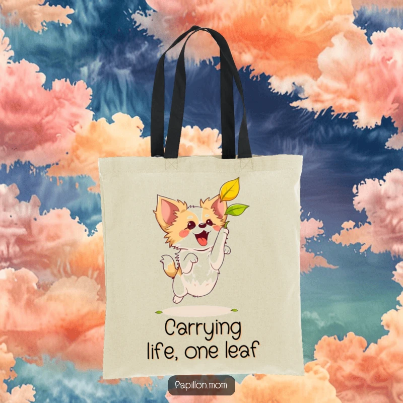 Funny Papillon dog depicted in a dynamic leap, attempting to snatch a falling leaf, on a stylish tote bag.