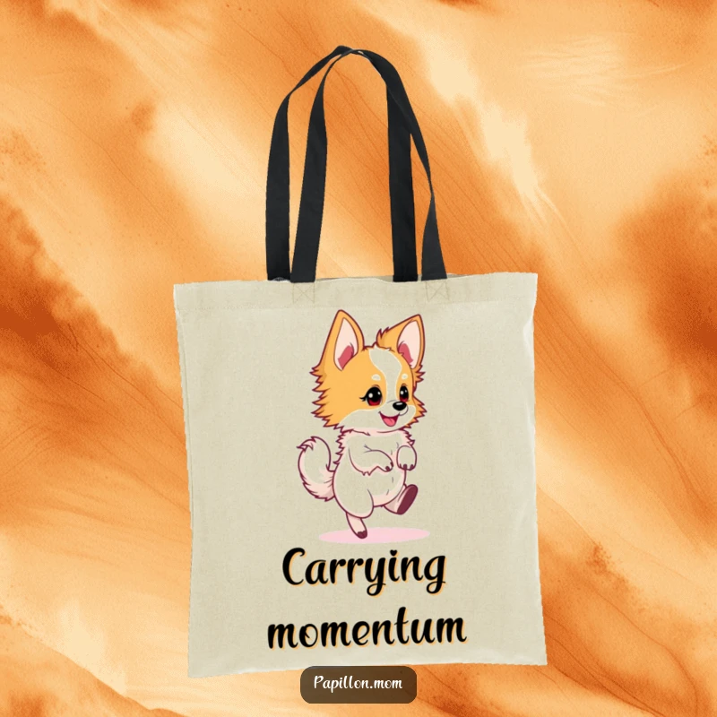 Funny Papillon dog tote bag showing a dog in a quick, energetic twirl, ideal for stylish carrying.