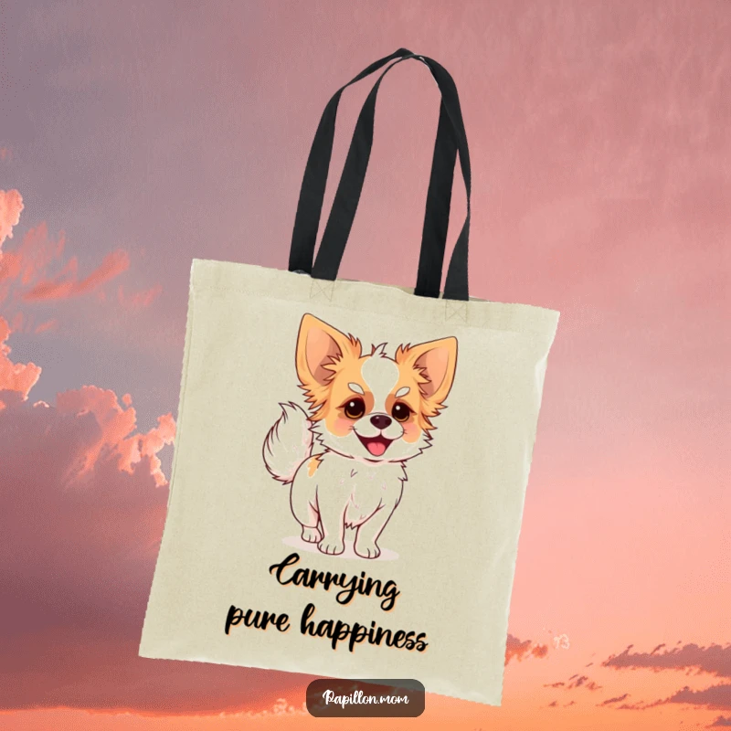 Funny tote bag with a Papillon dog joyfully wagging its plumed tail, perfect for carrying essentials.