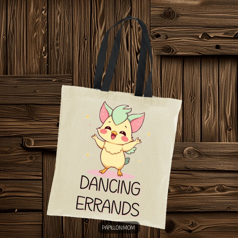 Funny Papillon tote bag illustrating a delighted Papillon dog performing a charming dance, perfect for carrying items with style.