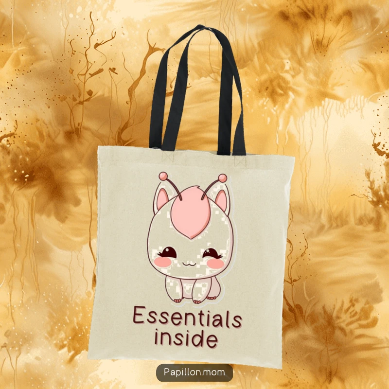 Funny tote bag with a character sporting a gentle smile and twitching antennae, perfect for carrying essentials with a touch of playful character.