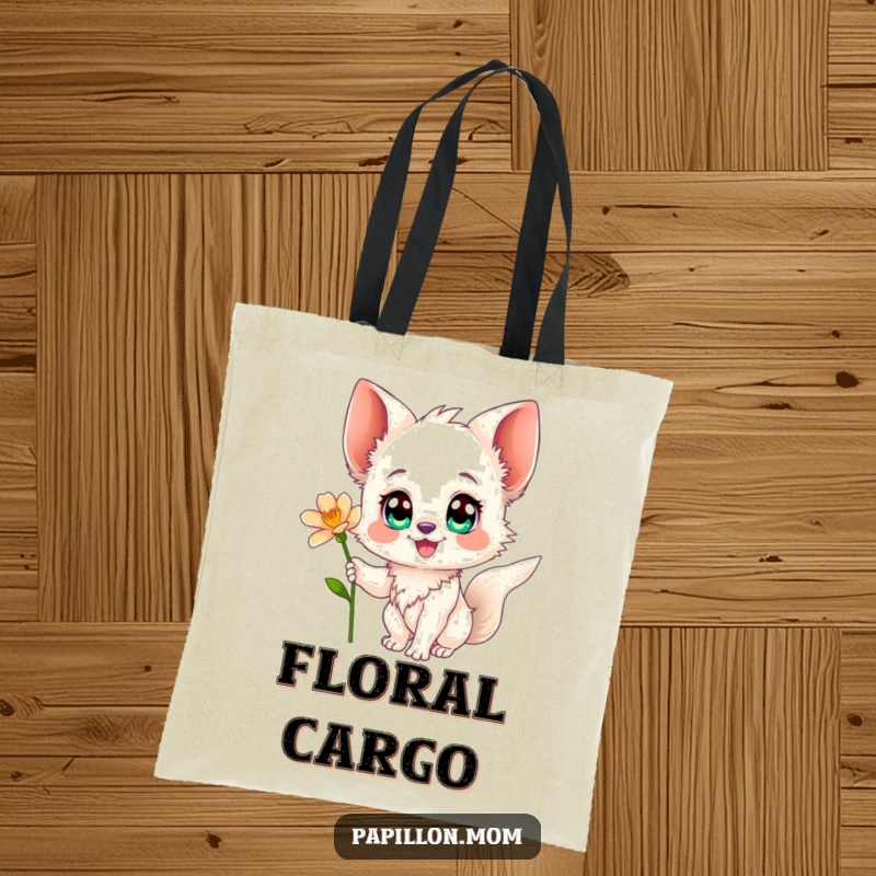 Funny Papillon tote bag illustrating a happy Papillon dog reaching a flower, ideal for carrying essentials with a touch of humor.