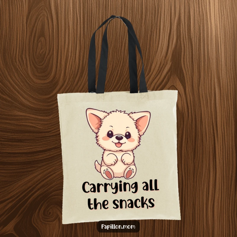 Funny tote bag featuring a small, fluffy dog with large ears, joyfully fluttering its paws; ideal for carrying daily items with a smile.