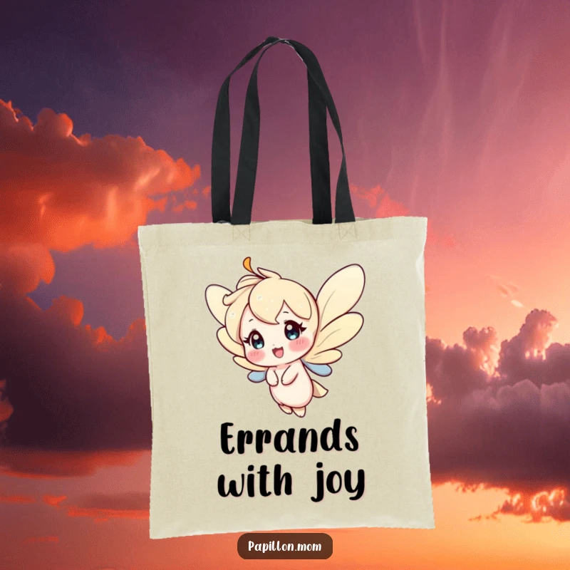 Funny tote bag featuring a character fluttering gracefully with a happy expression, perfect for carrying items with a touch of joy.