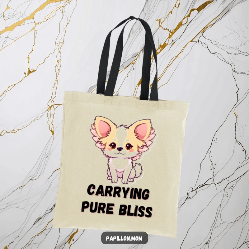 Funny Papillon dog tote bag with a cute character sporting oversized, gently flapping wings, perfect for carrying essentials with a touch of magic.