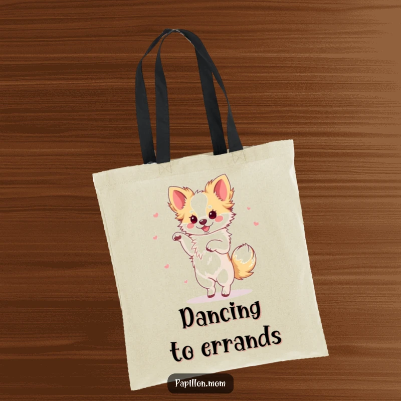 Funny Papillon dog in a graceful dance pose with a flourish, illustrated on a trendy and humorous tote bag.