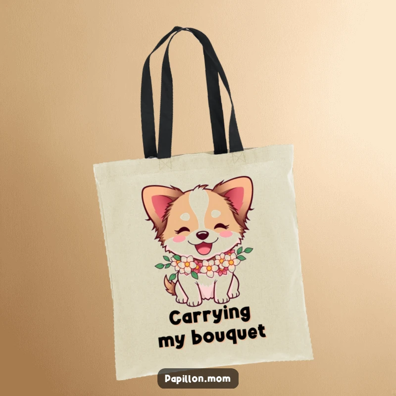 Funny Papillon dog character wearing a flower garland, depicted joyfully on a versatile tote bag.