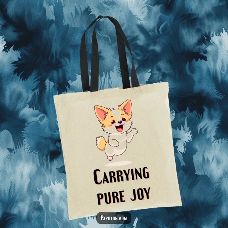 Funny Papillon dog tote bag with a cute character performing a small, graceful leap, ideal for carrying items with a spirit of fun.