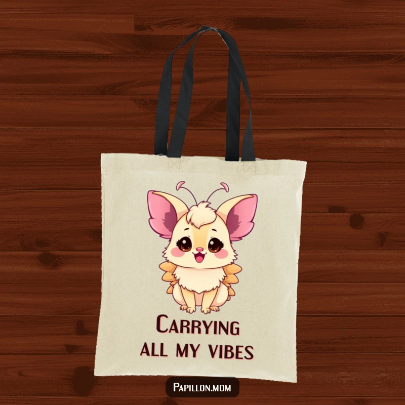 Funny Papillon Lady Tote Bag, delicate antennae twitching with pure excitement, a stylish and humorous accessory for carrying goods.