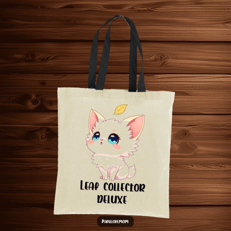 Funny Papillon tote bag featuring a dog looking up with sparkling eyes at a falling leaf, symbolizing wonder and nature.