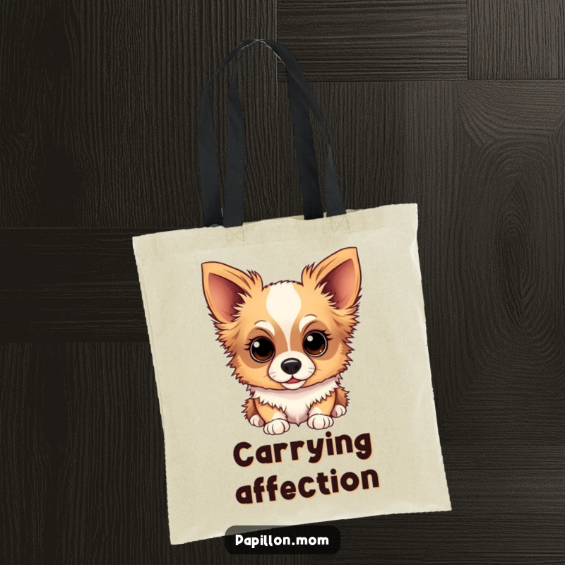 Funny Papillon dog tote bag showcasing a dog with a sweet, gentle, and inquisitive gaze, ideal for daily use.