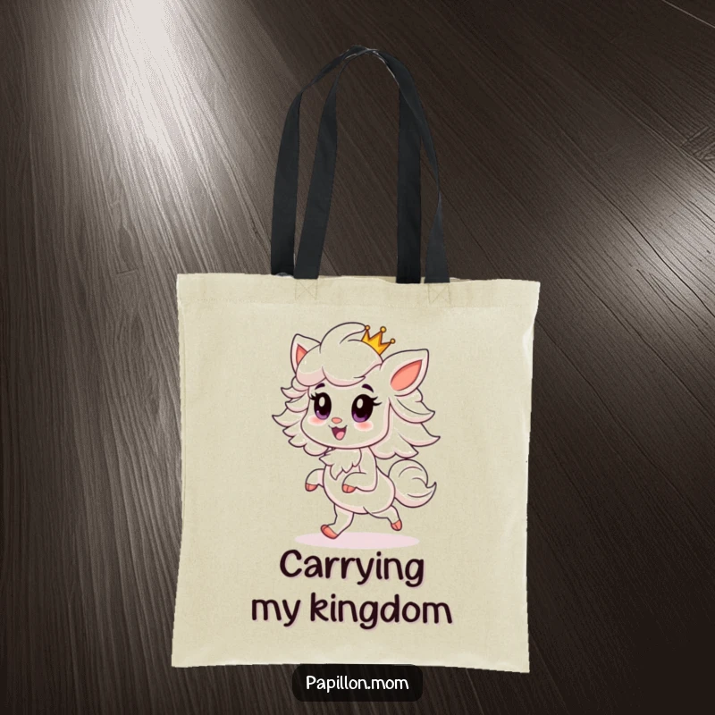 Funny Papillon tote bag illustrating a proud Papillon dog prancing gracefully with a tiny crown, perfect for carrying royal decrees (or groceries).