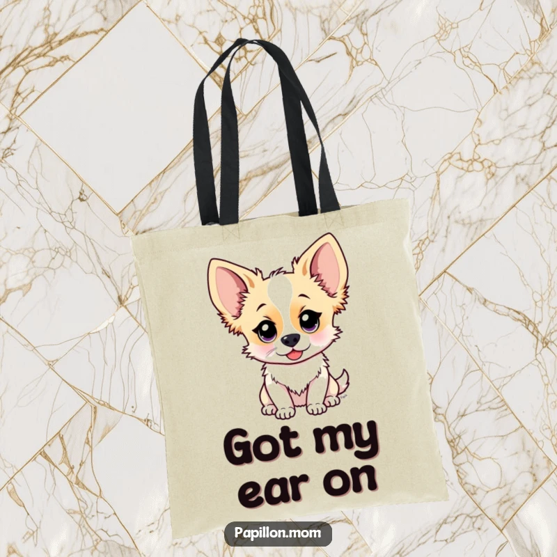 Funny Papillon dog tote bag with a cute character whose ears are perked, listening intently, ideal for carrying items with a dash of curiosity.