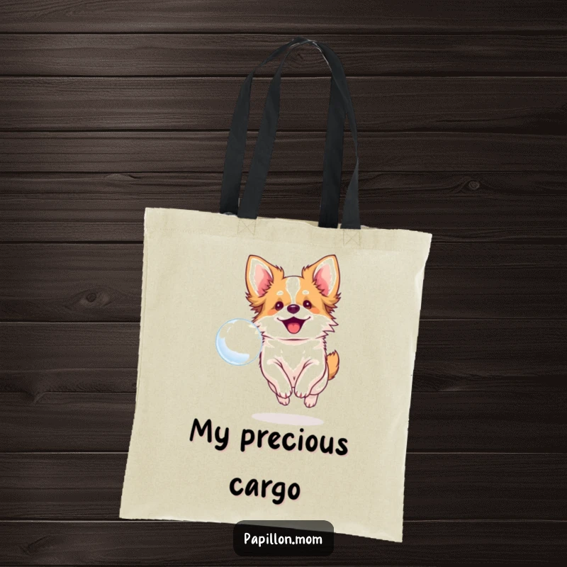 Funny tote bag with a smiling Papillon dog chasing a bubble, perfect for carrying essentials with flair.